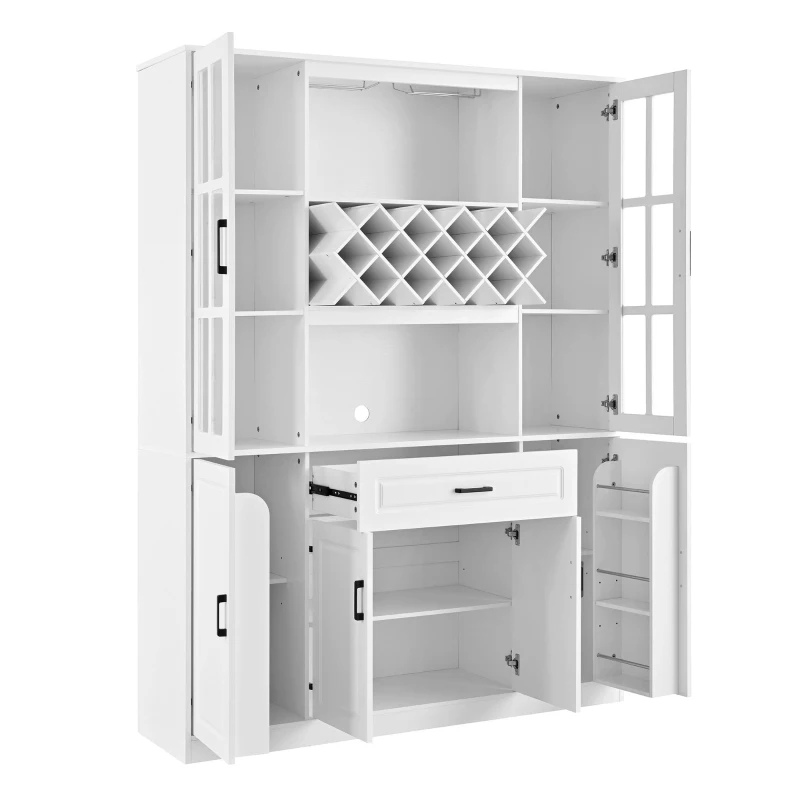 Tall Wine Cabinet with Wine Rack and Stemware Holder, 4-Door Storage Cabinet with Semi-Open Shelf, 52" L x 15.5" W x 74" H, White
