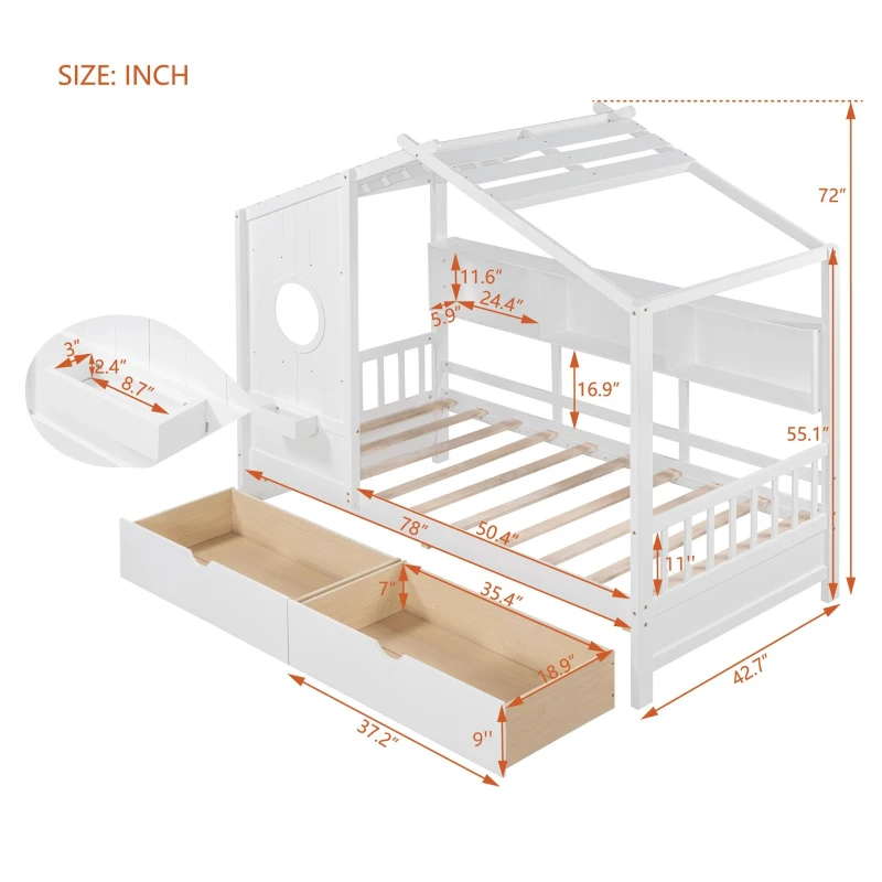 Kids Twin Size House Bed with 2 Storage Drawers and Rear Shelf, House-Style Kids Bed Frame with Plywood and MDF, 78'' L x 42.5'' W x 72'' H, White