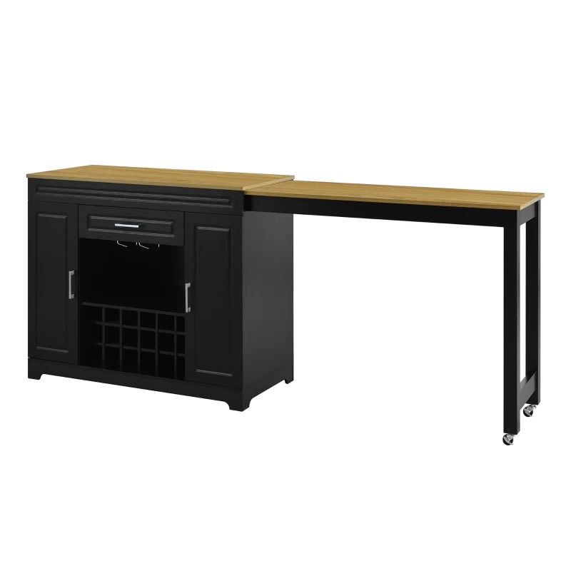 Expandable Bar Table with Adjustable Shelves and Rear Casters, Versatile Kitchen Counter with 2 Doors, 87.5″ L x 19.5″ W x 36″ H, Black+Natural