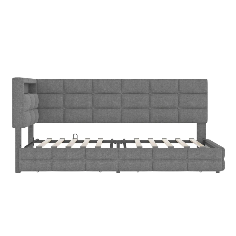 Upholstered Twin Daybed with 2 Drawers and Built-In Charging Station, Multi-Functional Guest Bed with Storage Headboard, 77.5'' L x 39'' W x 35'' H, Gray