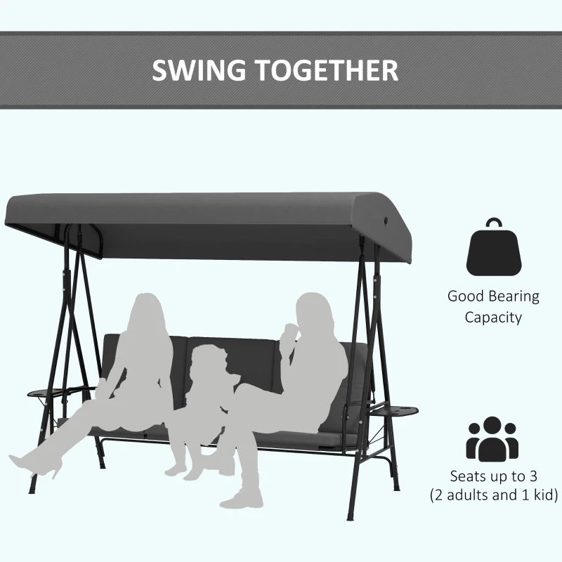 Outsunny 3-Seat Outdoor Porch Swing Patio Swing with Adjustable Canopy, Side Tray, Removable Cushion for Garden, Poolside, Grey
