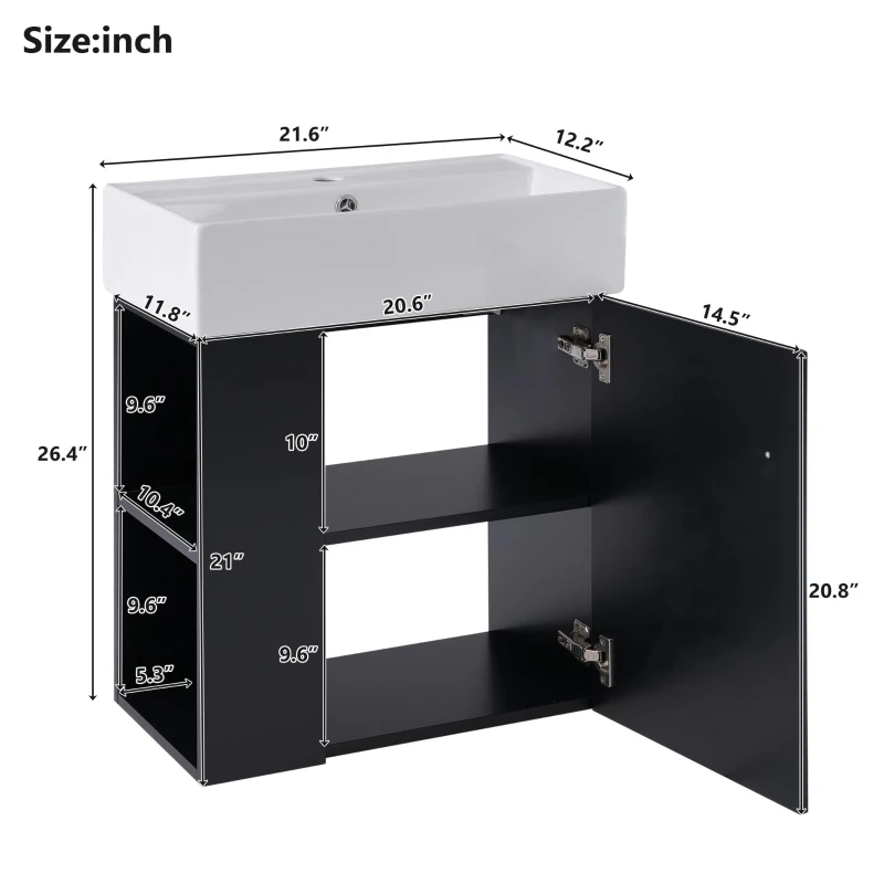 Modern Floating Bathroom Vanity with Ceramic Basin and Side Storage, Cabinet with Rose Golden Handle, 21.5" L x 12" W x 26.5" H, Black