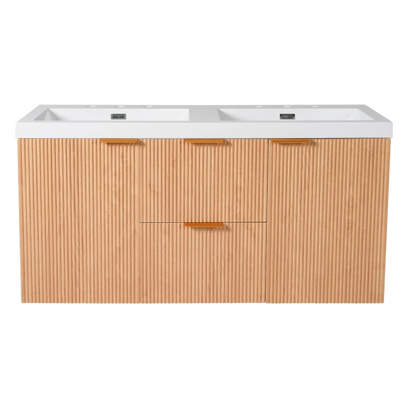 Double Sink Bathroom Vanity with Soft-Close Doors, Wall-Mounted Floating Cabinet with Divided Drawers, 47'' L x 19.5'' W x 23.5'' H, Wood