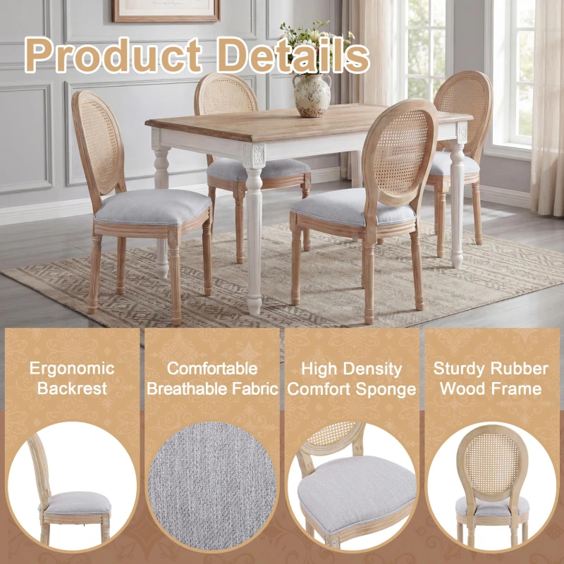 French Country-Inspired Dining Chair Set for 2 with Plush Upholstered Seats, Elegant Side Chair Set with Fluted Legs, 19" L x 22.5" W x 38" H, Light Grey