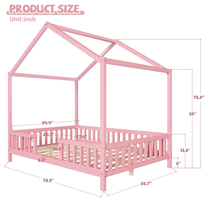 Montessori Full-Size House-Shaped Bed with Lightweight Polyester Canopy, Soft Pink Platform Bed for Child’s Room, 78.5'' L x 56.5'' W x 78'' H, Pink