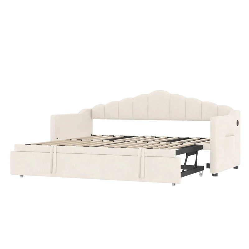 Upholstered Twin Size Daybed with Height-Adjustable Pop-Up Trundle, Lift-Up Trundle Bed with Type-C Charging Port, 82.5'' L x 41'' W x 40'' H, Beige