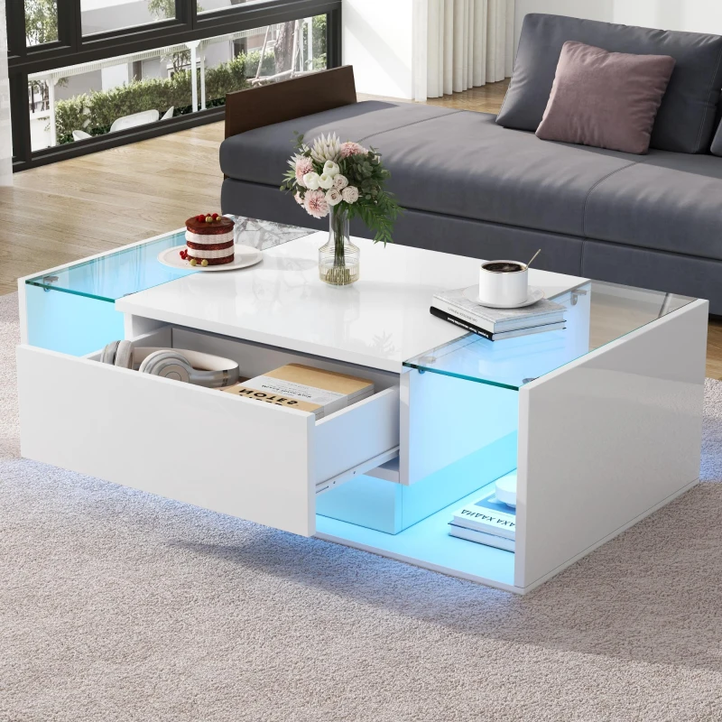 High-Gloss Coffee Table with Tempered Glass Storage, Compact Center Table with Semi-Open Shelf, 39.5″ L x 19.5″ W x 12″ H, White