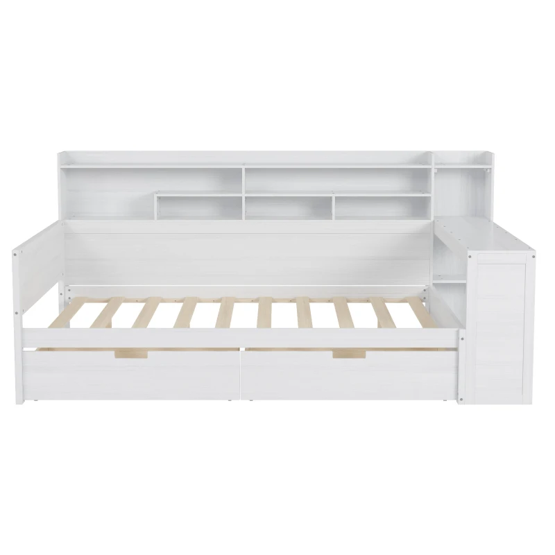 Full Size Daybed with 2 Large Drawers and Built-In Study Desk, Space-Saving Guest Bed with Side Storage Shelves, 91.5'' L x 65'' W x 45'' H, Antique White