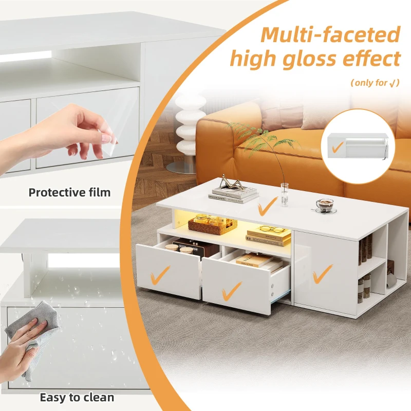 High-Gloss LED Coffee Table with App-Controlled Colour Light Strip, Functional Center Table with Open Storage, 39.5" L x 19.5" W x 13.5" H, White