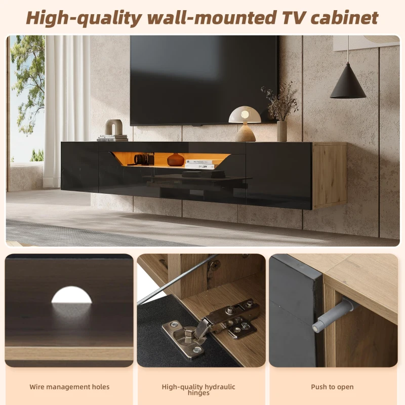 Wall-Mounted TV Cabinet with High-Gloss Front, 3-Tier Storage TV Stand with Fold-Down Flap Door, 65" L x 14.5" W x 14" H, Black+Natural