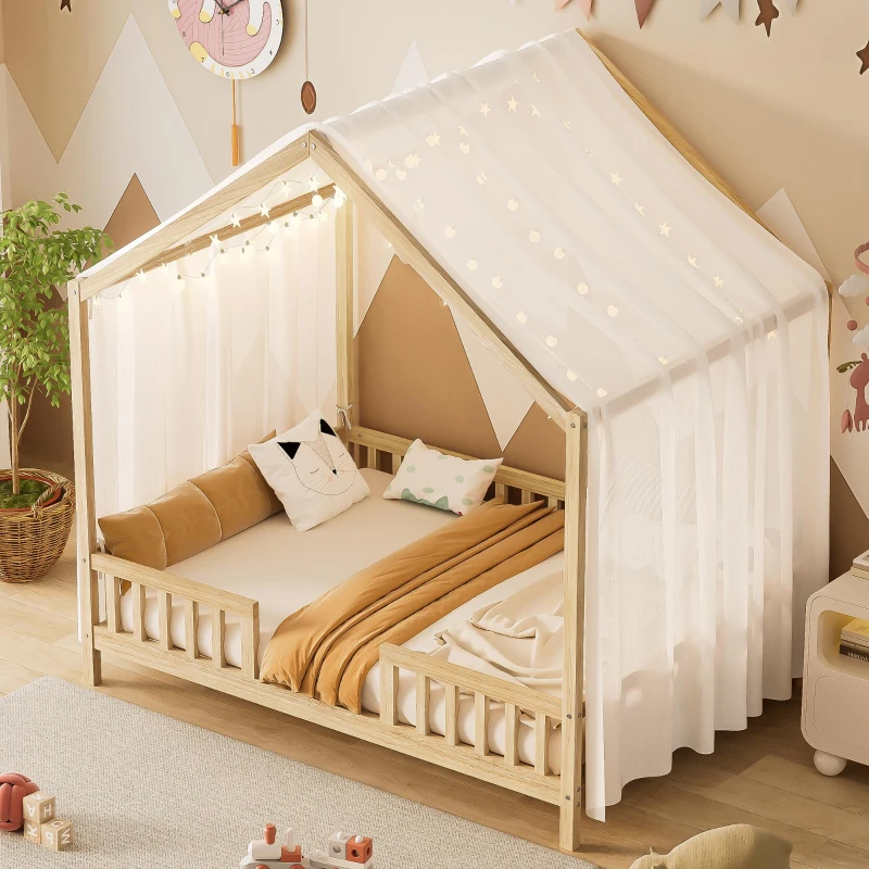 Full-Size Montessori Floor Bed with High Guard Railings, Natural Finish Bed Frame for Kid-Friendly Room, 78.5'' L x 56.5'' W x 78'' H, Natural