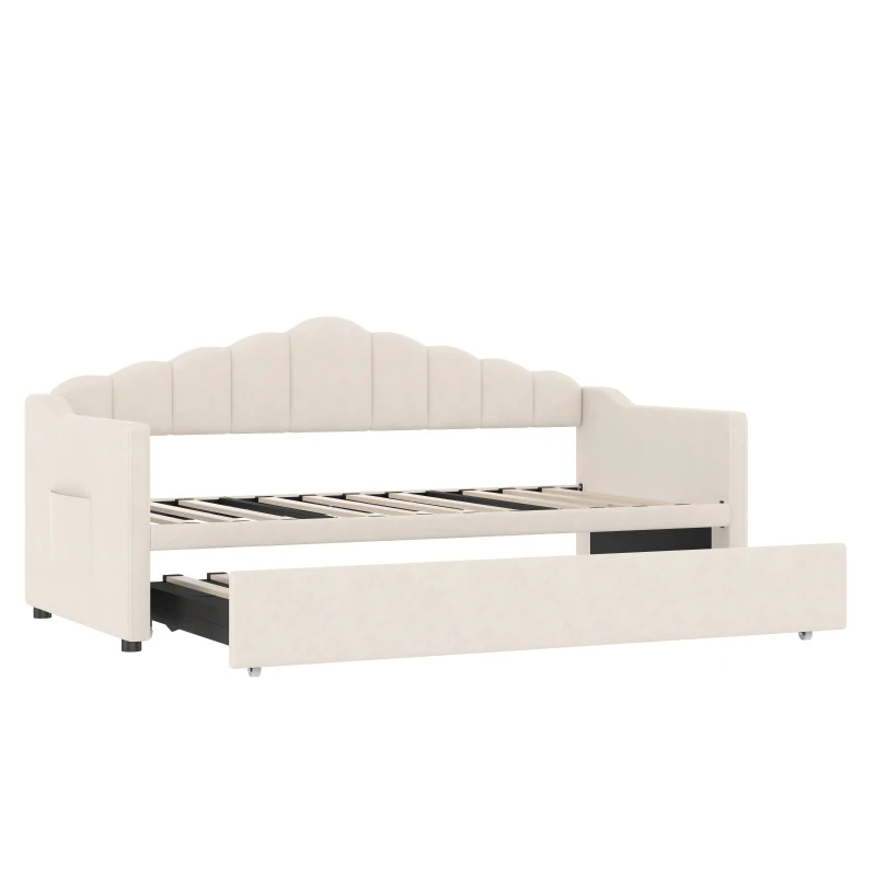 Upholstered Twin Size Daybed with Height-Adjustable Pop-Up Trundle, Lift-Up Trundle Bed with Type-C Charging Port, 82.5'' L x 41'' W x 40'' H, Beige