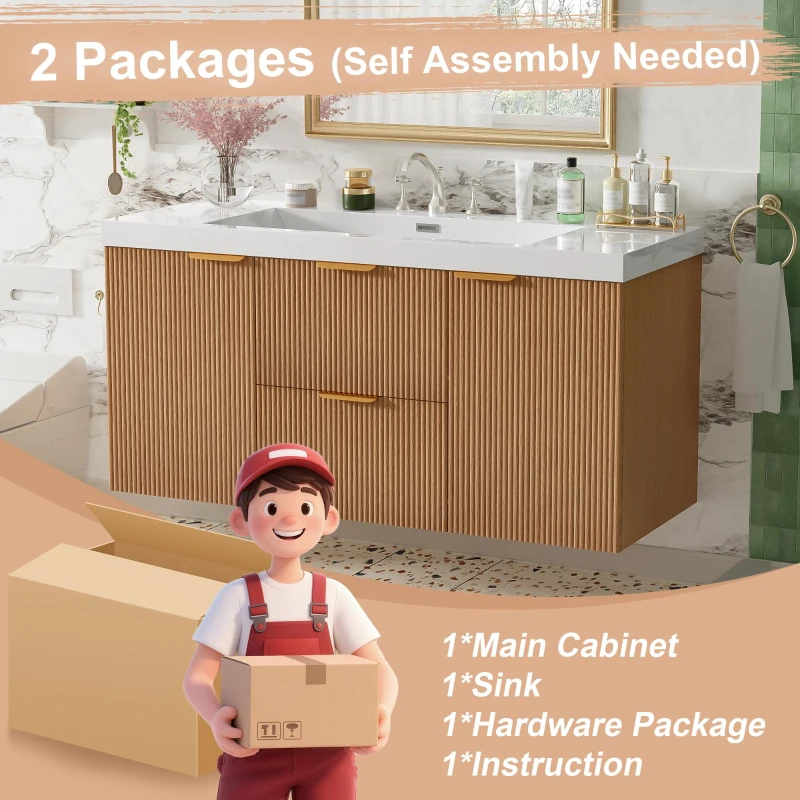 Single Sink Wall-Mounted Bathroom Vanity with SMC Top, Stylish Bathroom Cabinet with U-Shaped Drawers, 47'' L x 19.5'' W x 23.5'' H, Wood