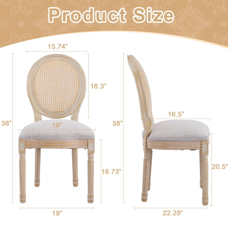 French Country-Inspired Dining Chair Set for 2 with Plush Upholstered Seats, Elegant Side Chair Set with Fluted Legs, 19" L x 22.5" W x 38" H, Beige