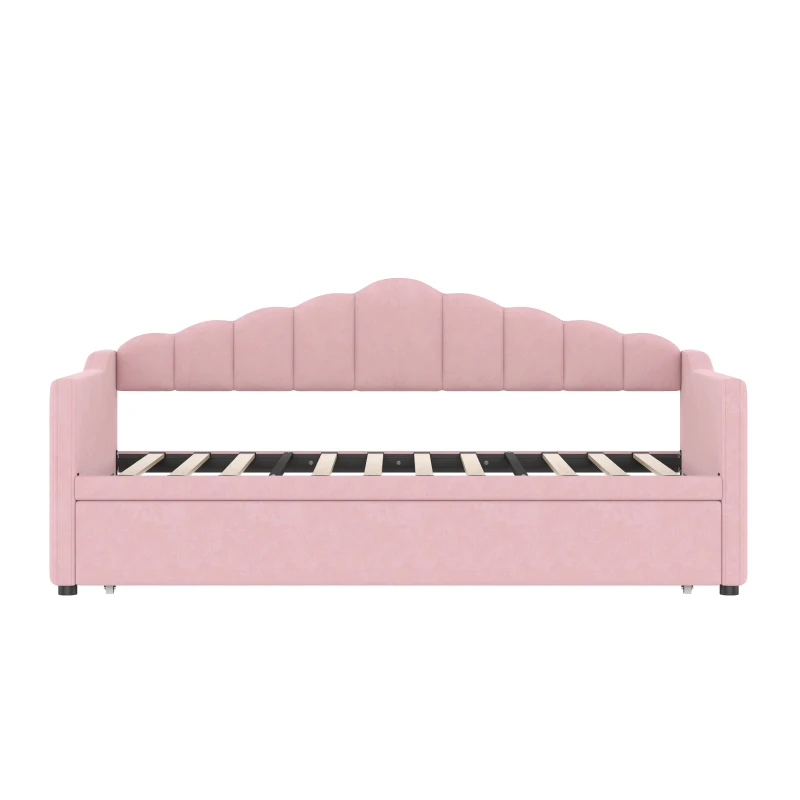 Twin-Size Upholstered Daybed with Height-Adjustable Pop-Up Trundle, Space-Saving Trundle Bed with 2 Side Pockets, 82.5'' L x 41'' W x 40'' H, Pink