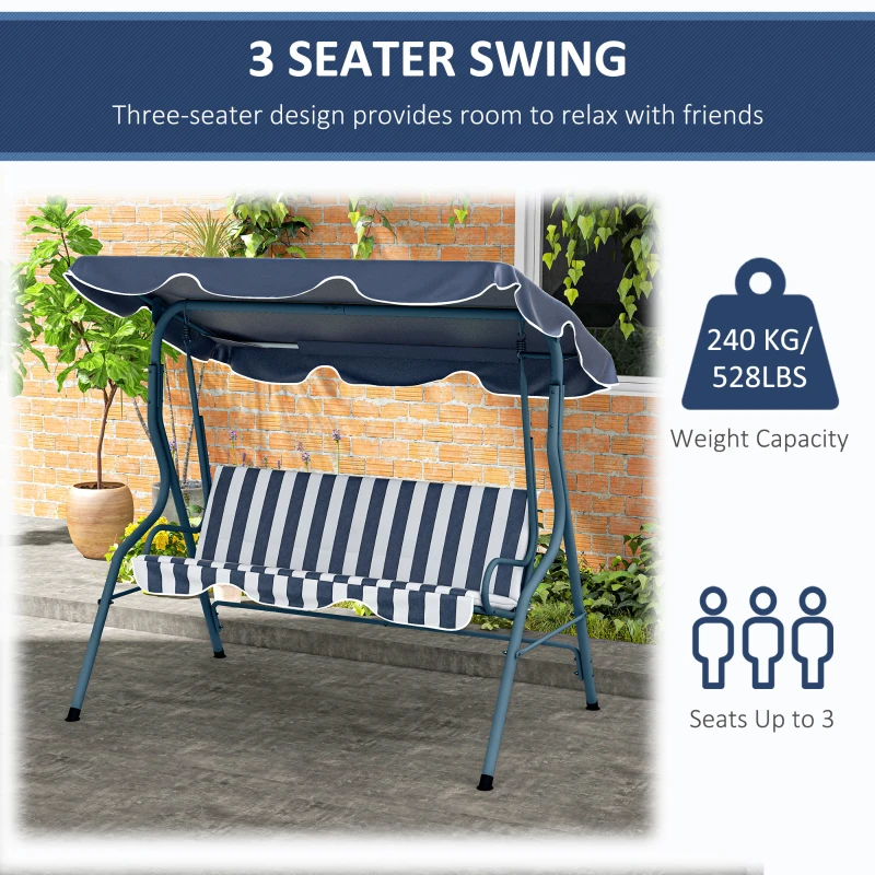 Outsunny Outdoor Porch Swing with Adjustable Canopy, 3-Seater Patio Swing Chair with Cushion, Blue