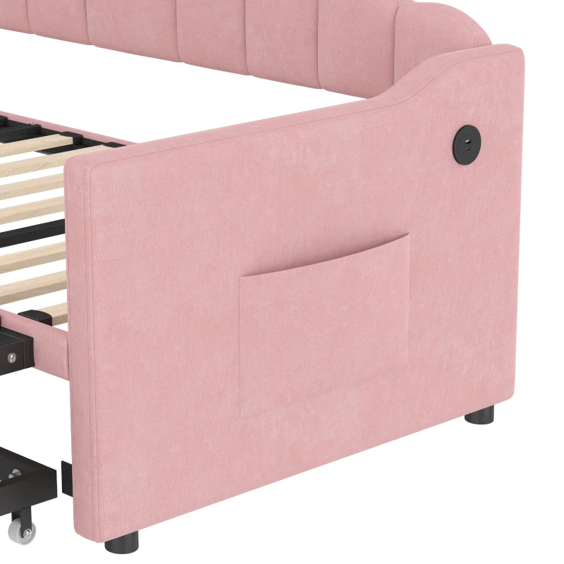 Twin-Size Upholstered Daybed with Height-Adjustable Pop-Up Trundle, Space-Saving Trundle Bed with 2 Side Pockets, 82.5'' L x 41'' W x 40'' H, Pink