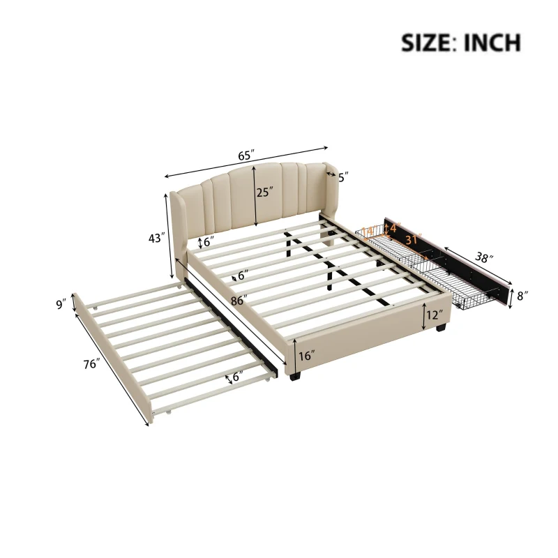 Upholstered Queen Platform Bed with Wingback Headboard and 2 Storage Drawers, Multi-Functional Bed Frame with Wood Slat, 86'' L x 65'' W x 43'' H, Beige