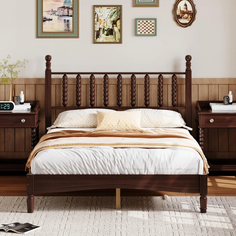 Full Size Wood Platform Bed with Retro Gourd-Shaped Headboard & Wooden Slat, Solid Bed Frame for Eclectic Decors, 79'' L x 57'' W x 45'' H, Walnut