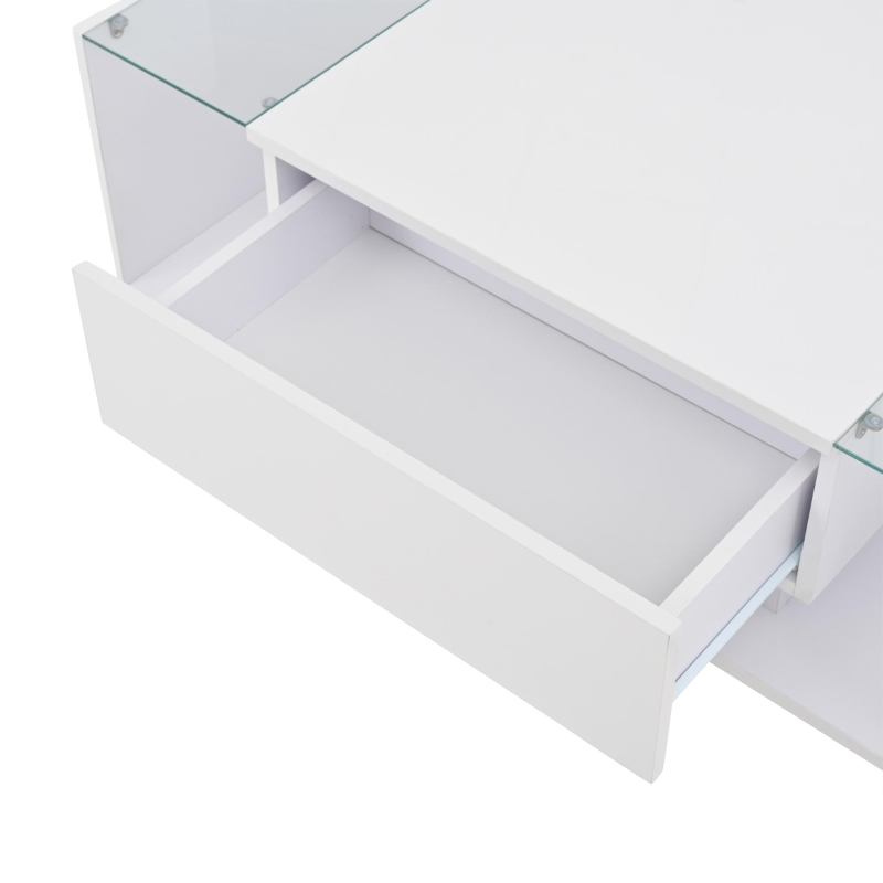 High-Gloss Coffee Table with Tempered Glass Storage, Compact Center Table with Semi-Open Shelf, 39.5″ L x 19.5″ W x 12″ H, White