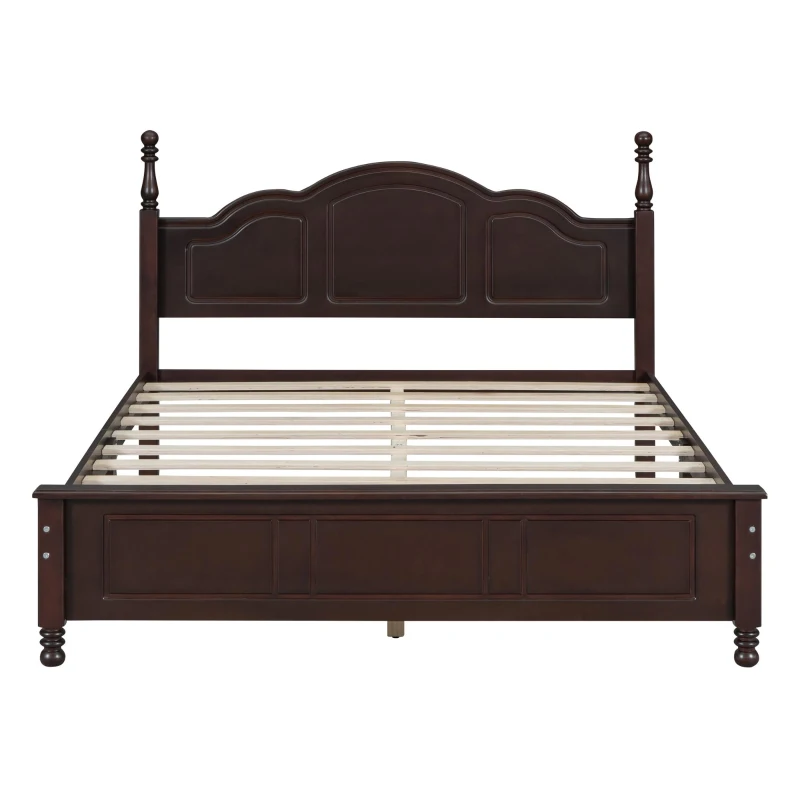 Queen Size Wood Bed with 10 Plywood Slats and Retro-Style Headboard, Modern Platform Bed with Warm Wood Finish, 85'' L x 62.5'' W x 43.5'' H, Walnut