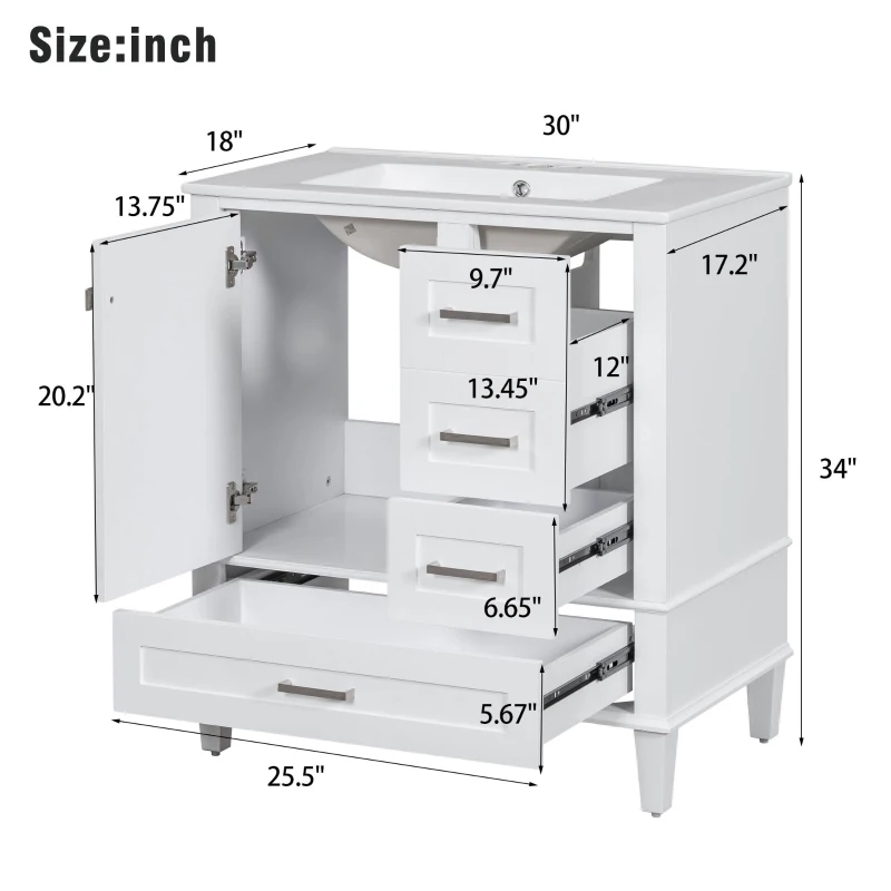 Modern Bathroom Vanity with Sink Combo, Solid Wood Frame, Cabinet with Soft-Close Door and 3 Drawers, 30" L x 18" W x 34" H, White