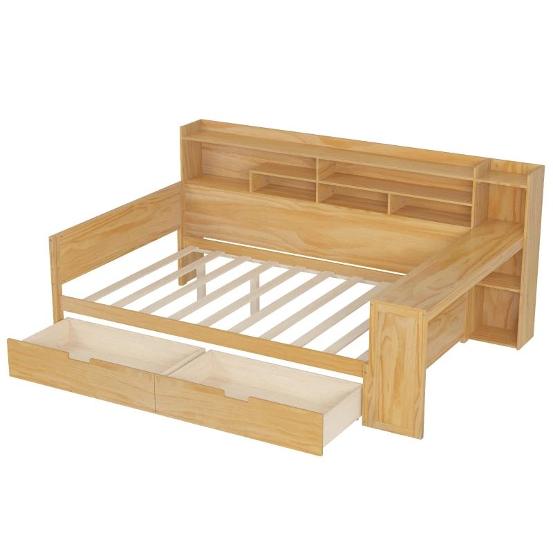 Wooden Full Size Daybed with Built-In Study Desk and 2 Storage Drawers, Space-Saving Guest Bed with Side Shelving, 91.5'' L x 65'' W x 45'' H, Natural