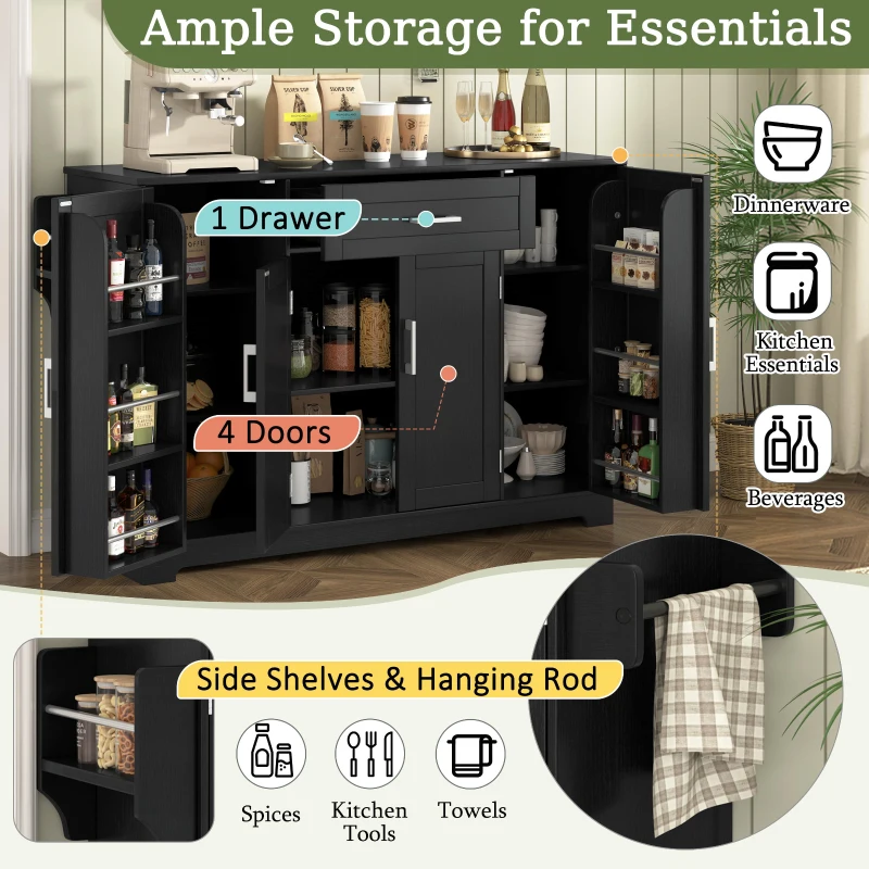 Practical Buffet Cabinet with 4 Doors and 1 Drawer, Spacious Sideboard with Adjustable Shelves, 54.5" L x 15.5" W x 33" H, Black