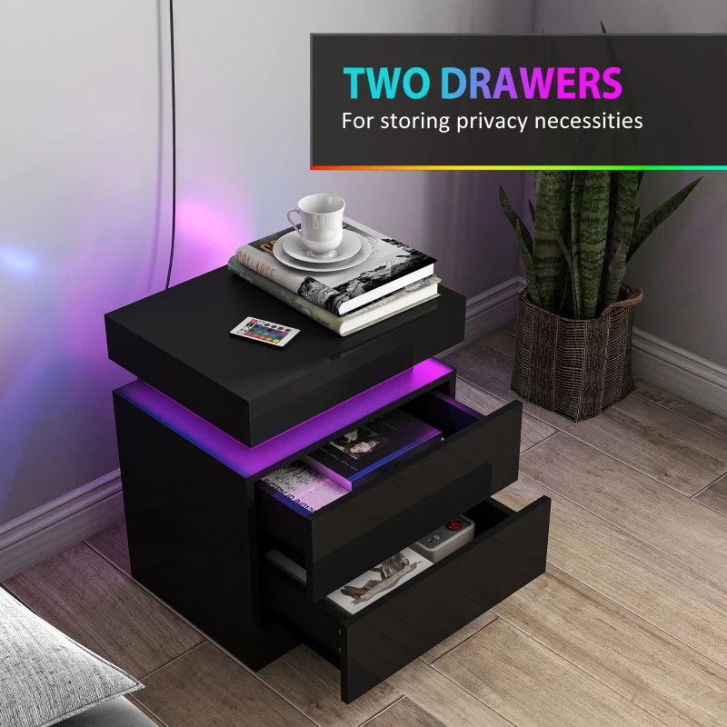 HOMCOM Nightstand Set of 2, End Side Tables with LED Lights, Bedside Tables with 2 Drawers, for Bedroom, Black