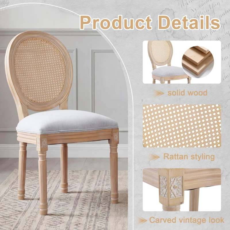 French Country-Inspired Dining Chair Set for 2 with Plush Upholstered Seats, Elegant Side Chair Set with Fluted Legs, 19" L x 22.5" W x 38" H, Light Grey