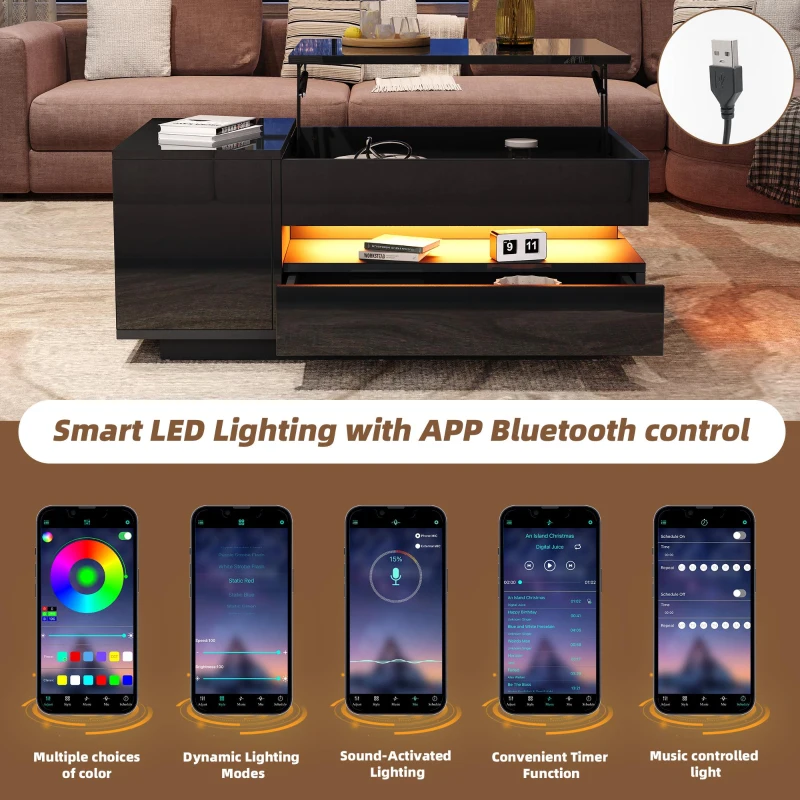 Height-Adjustable Coffee Table with App-Controlled RGB LED Lighting, Modern Center Table with Hidden Storage, 37.5" L x 19.5" W x 15.5" H, Black