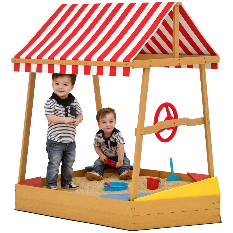 Qaba Wooden Kids Sandbox with Cover, 4 Seats, Rudder, Deck, Bottom Liner, 52" x 40" x 55.5", for Ages 3-8, Yellow