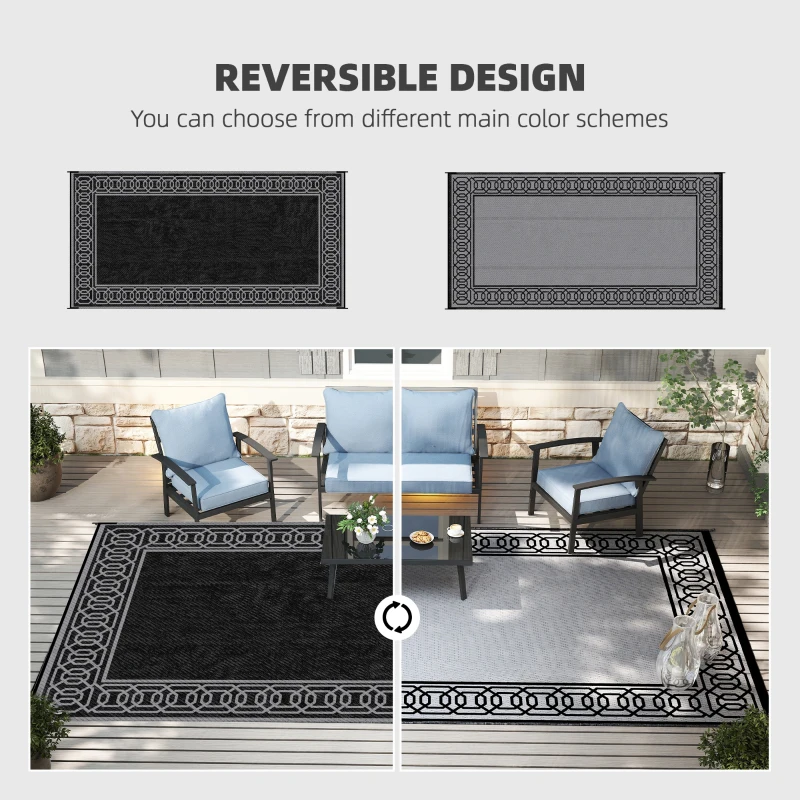 Outsunny RV Mat, Outdoor Patio Rug / Large Camping Carpet, 9' x 18', Waterproof Plastic Straw, Reversible, Black & Gray Border