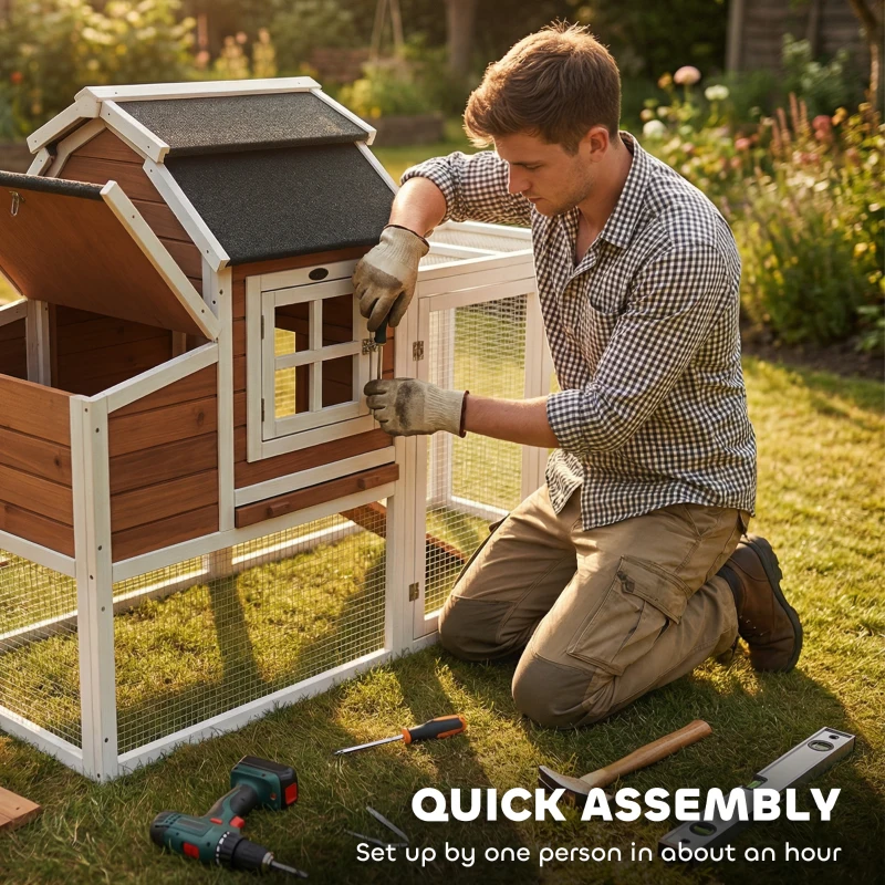 PawHut 71" Chicken Coop for 3 Chickens, Wooden Hen House with Run, Removable Tray, Nesting Box, Waterproof Asphalt Roof