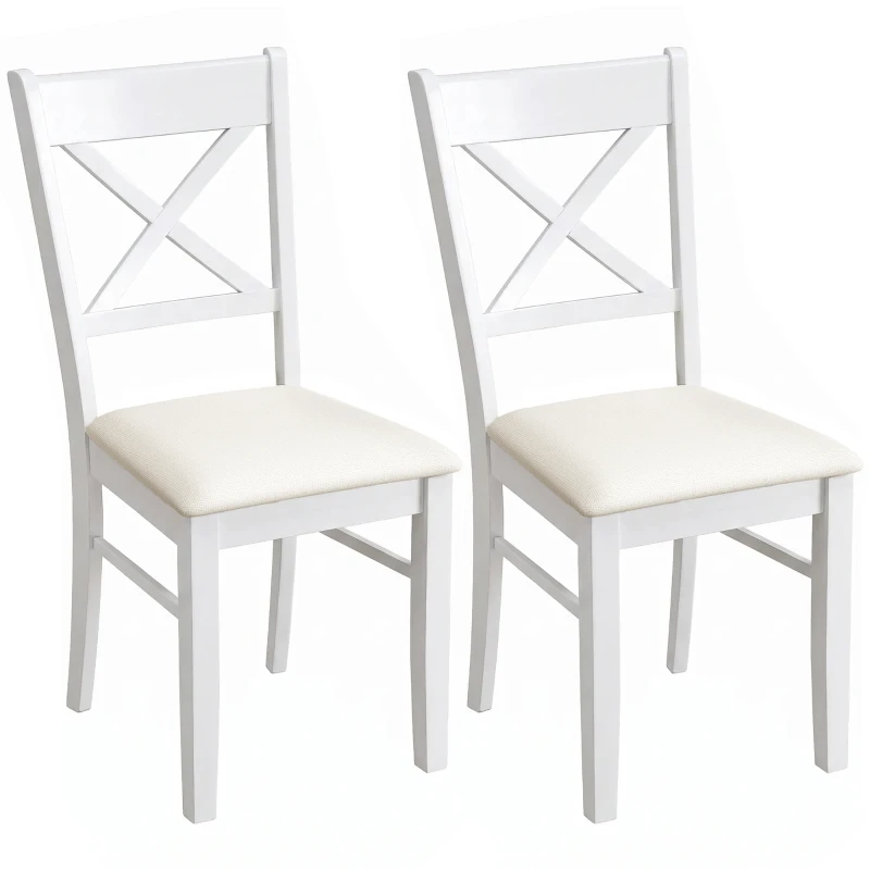 HOMCOM Dining Chairs Set of 2, Upholstered Kitchen Chairs with Rubberwood Frame, Padded Seat and X-Back, White