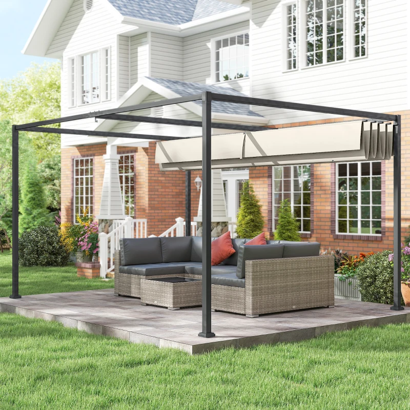 Outsunny 10' x 7' Patio Pergola with Retractable Canopy, Outdoor Sun Shelter, Yard Shade, Cream White