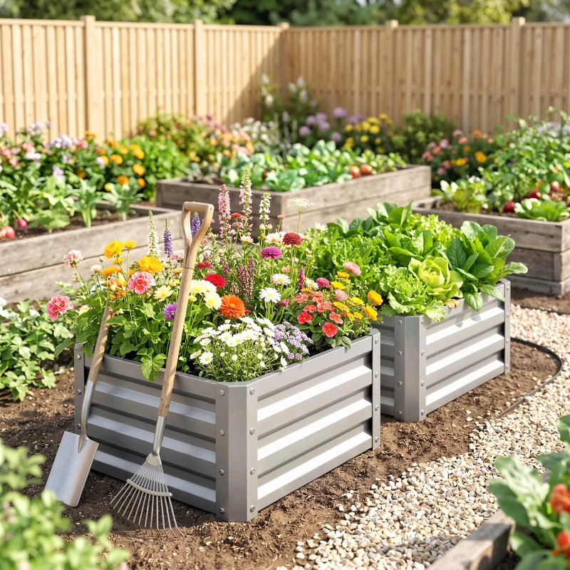 Outsunny 2Pcs 2' x 2' x 1' Galvanized Raised Garden Bed Kit, Square Outdoor Metal Planter Box with Open Bottom for Vegetables, Flowers, Herbs, Silver