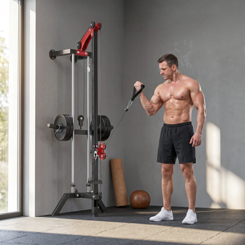 Soozier Wall Mount Cable Station, 16 Positions Adjustable Pulley Machine, Cable Crossover Machine with Lat Pulldown Bar