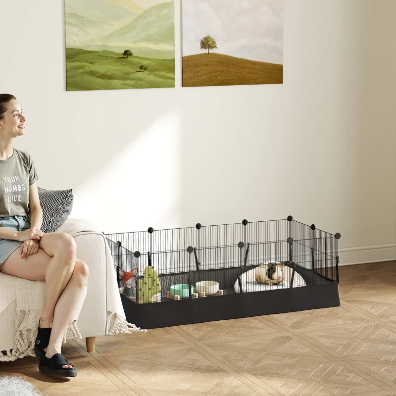 PawHut Small Animal Cage Waterproof Mat DIY Animal Playpen for Guinea Pigs Rabbits 12 Panels and Door Black