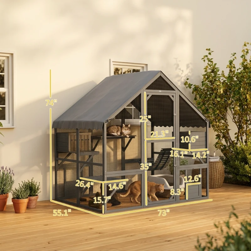 PawHut Wooden Catio Outdoor Cat Enclosure with Waterproof Cover, 2 Condos, 4 Platforms, Bridge, Doors, Gray