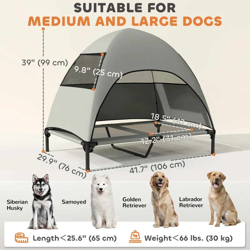PawHut Elevated Dog Bed with Canopy Raised Dog Bed  Washable Mesh Steel Frame 41.7" x 29.9" x 39" Light Grey