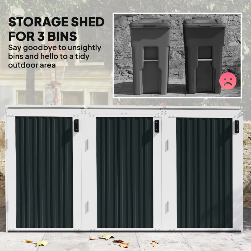 Outsunny Outdoor Storage Shed Rustproof Garbage Bin Shed with Gas Struts Magnetic Doors for 3 Bins White and Grey