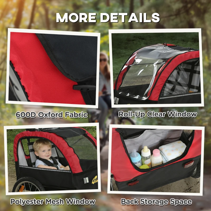 Qaba Bike Trailer for Kids, Baby Bicycle Trailer with 5-Point Harness, 16" Rubber Wheels, Storage Bag, for 18+ Months, Red