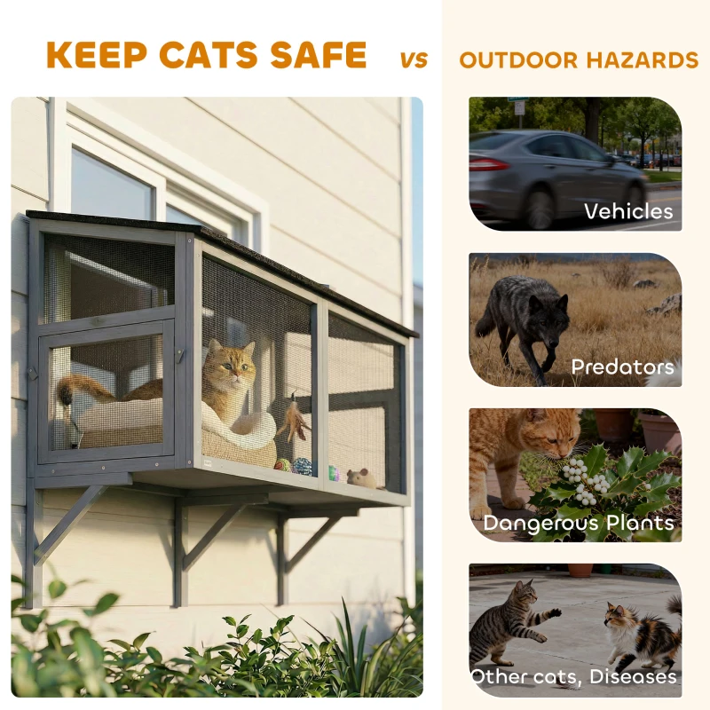PawHut Catio Outdoor Cat Enclosure Expandable Wooden Cat House with 2 Doors for Window, 51.2"L