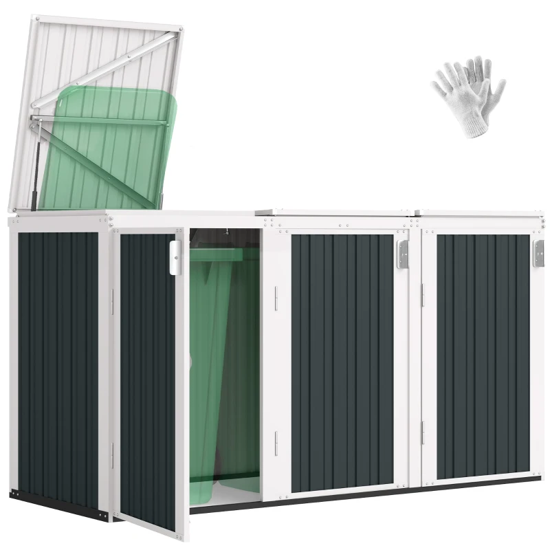 Outsunny Outdoor Storage Shed Rustproof Garbage Bin Shed with Gas Struts Magnetic Doors for 3 Bins White and Grey
