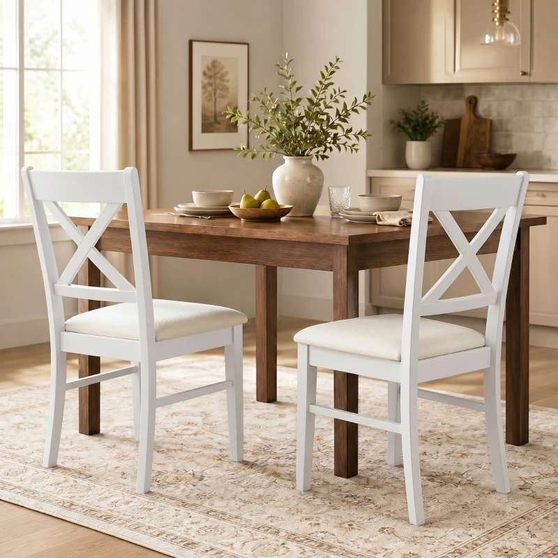 HOMCOM Dining Chairs Set of 2, Upholstered Kitchen Chairs with Rubberwood Frame, Padded Seat and X-Back, White