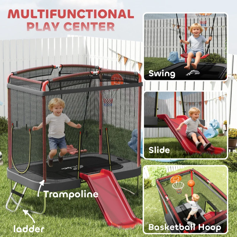 Qaba 4 x 6FT Trampoline for Kids Indoor & Outdoor with Slide, Swing, Basketball Hoop and Safety Enclosure, Red