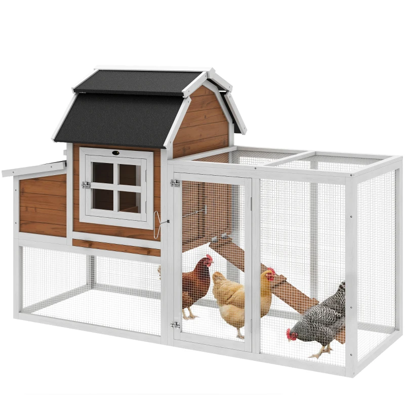 PawHut 71" Chicken Coop for 3 Chickens, Wooden Hen House with Run, Removable Tray, Nesting Box, Waterproof Asphalt Roof