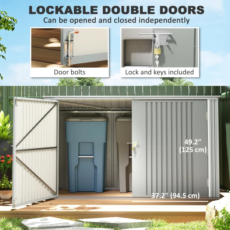 Outsunny 7.6 x 3.4ft Outdoor Storage Shed, 3 Garbage Bin Shed Organizer with Lockable Double Doors, Openable Lid, Silver Grey