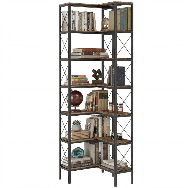 HOMCOM 6-Tier L-Shaped Bookshelf, Freestanding Corner Bookcase with Metal Frame, Rustic Brown